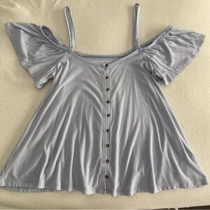 American Eagle blue and white striped cold shoulder button up top.